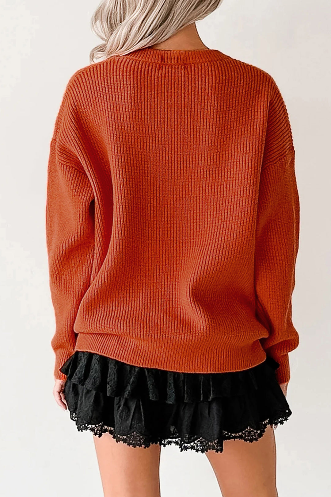 Orange Drop Shoulder Long Sleeve Round Neck Halloween Sweater