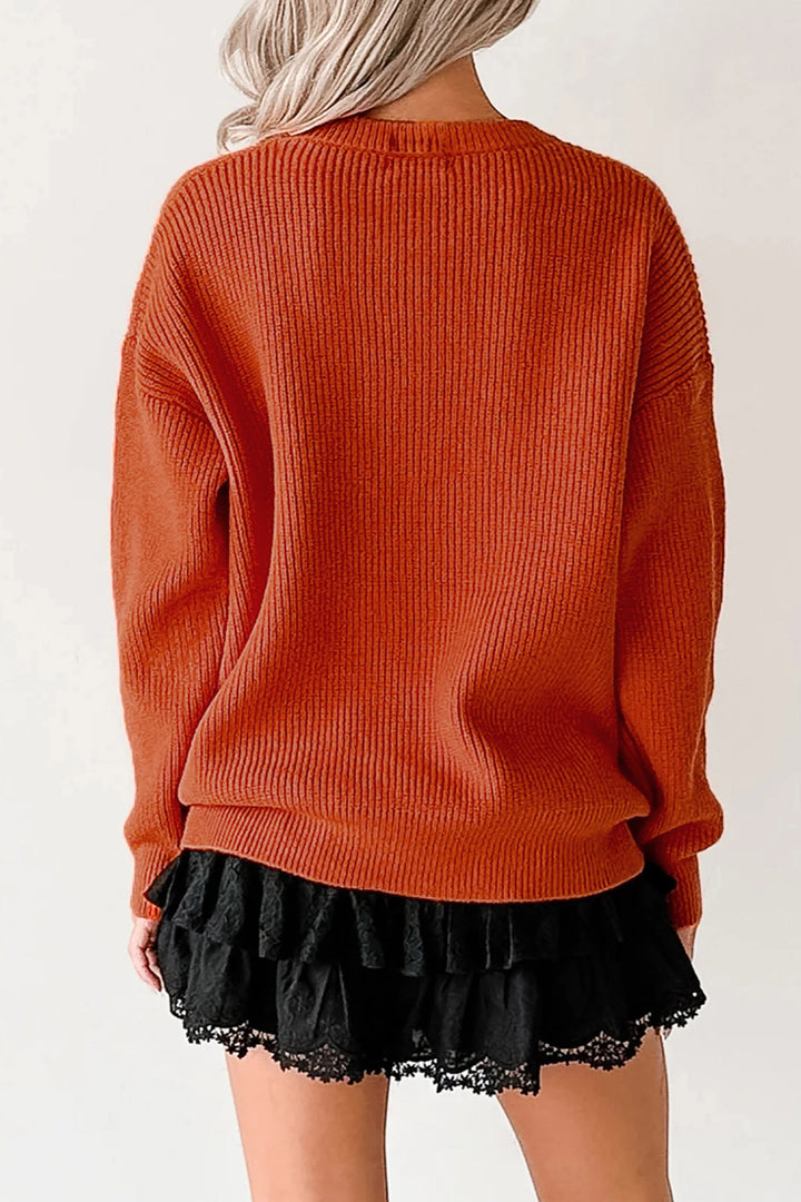 Orange Drop Shoulder Long Sleeve Round Neck Halloween Sweater