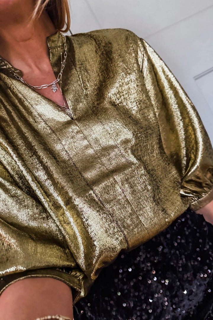 Gold Metallic Split Neck Half Sleeve Blouse