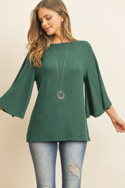 Boat Neck Bell Sleeve Solid Hacci Brushed Top