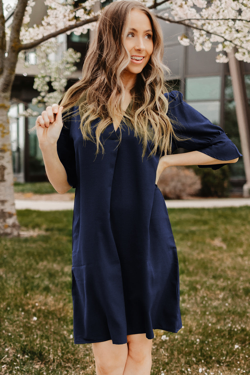 Blue Ruffled Sleeve Shift Dress