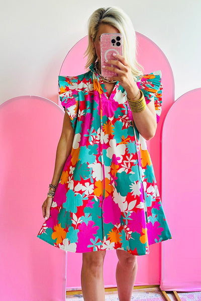 Multicolour Floral Tie Split Neck Flutter Sleeve Mini Dress