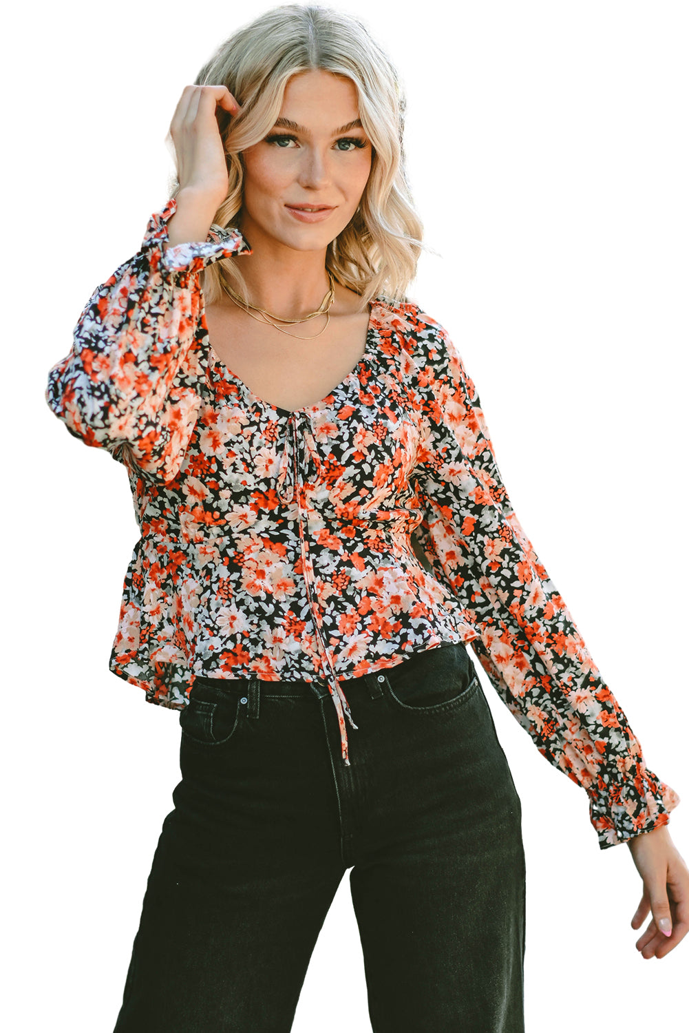 Orange Floral Flounce Sleeve Front Tie Sweetheart Neck Blouse