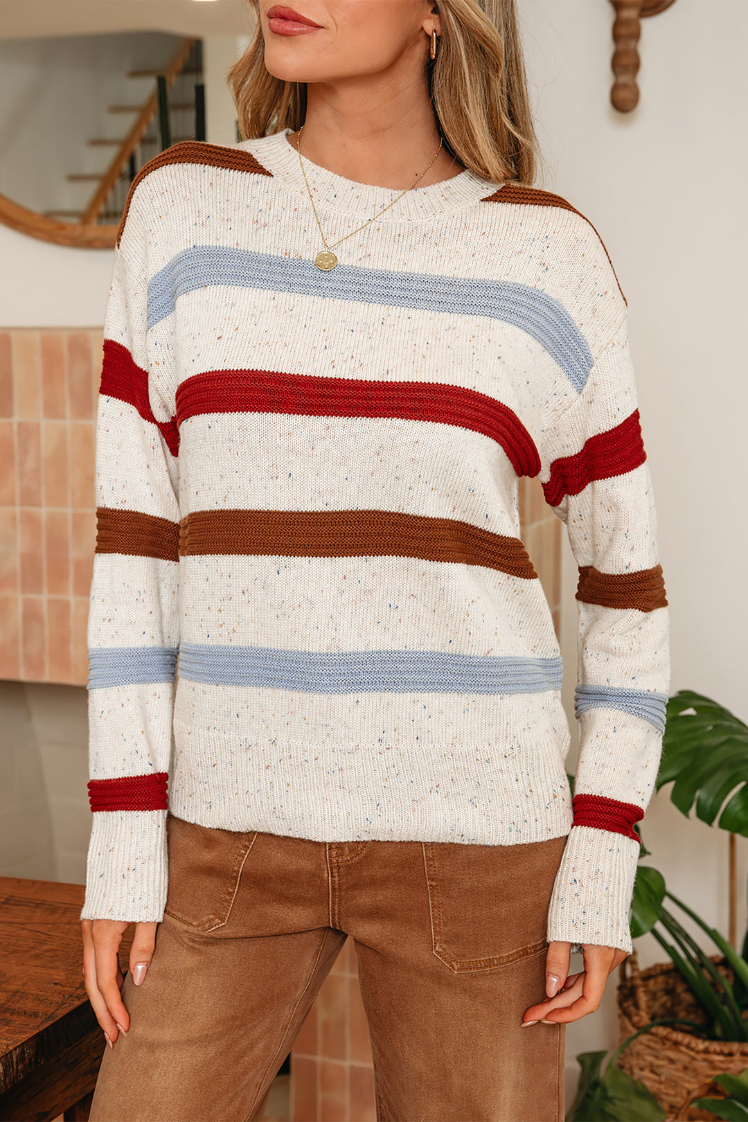 Beige Stripe Exposed Seam Drop Shoulder Heathered Knit Sweater