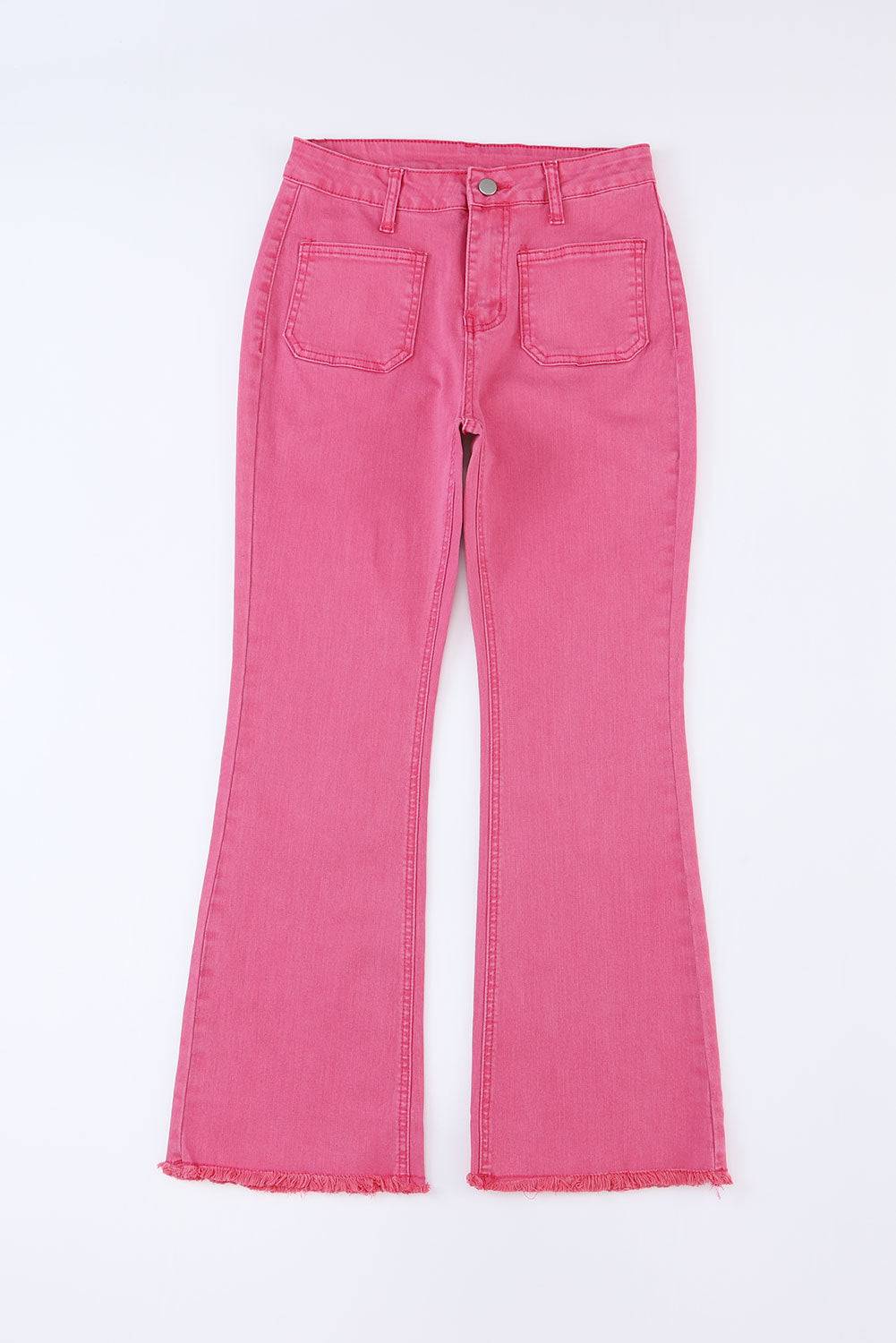 Pink Ankle-length Flare Leg Raw Hem Jeans