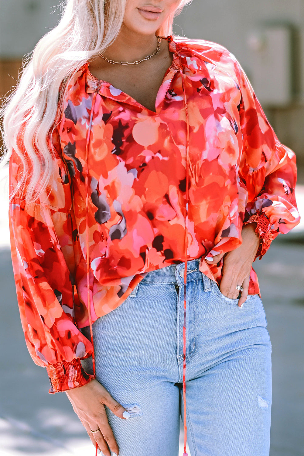 Fiery Red Floral Print Split Neck Tassel Tie Blouse