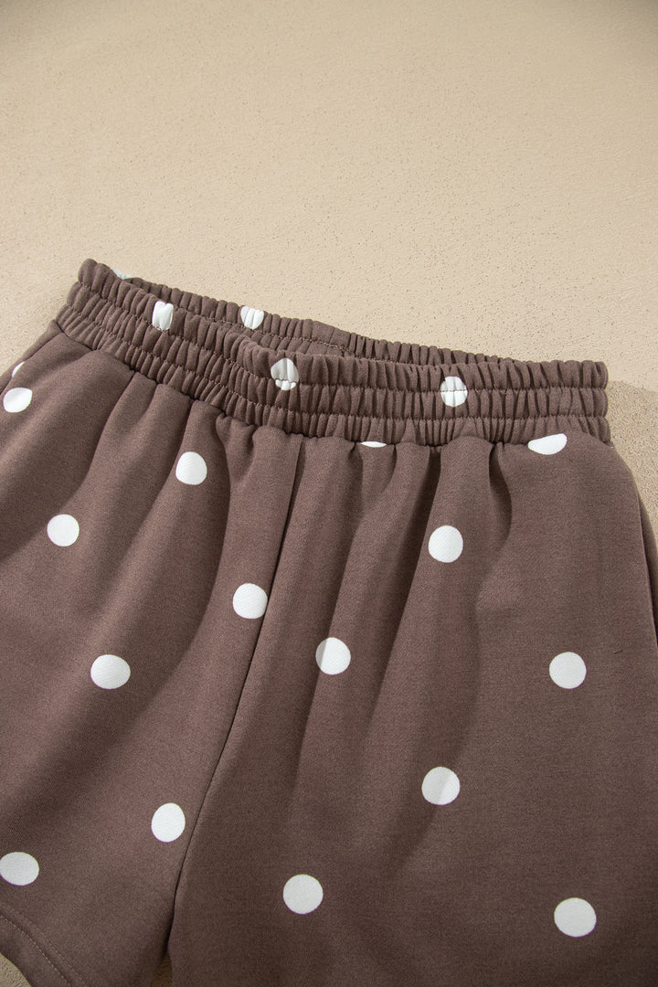 Brown Polka Dot Ribbed Trim Long Sleeve Top Casual Short Set