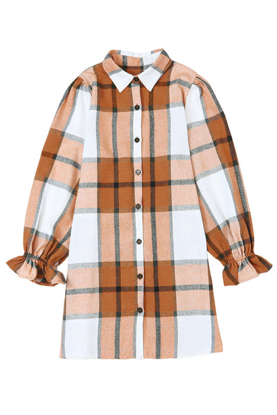 Khaki Plaid Pattern Collared Neck Ruffled Sleeve Shirt Dress