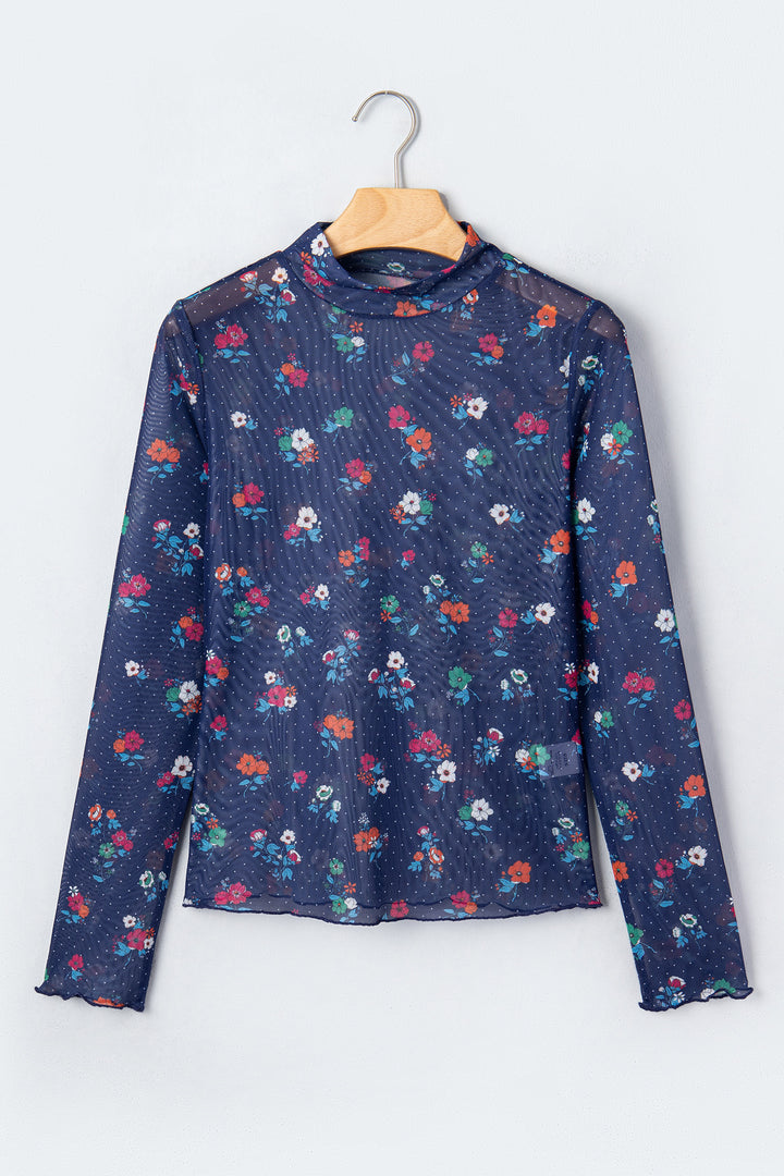 Blue Polka Dot Floral Mesh Long Sleeve High Neck Pullover Sheath Top