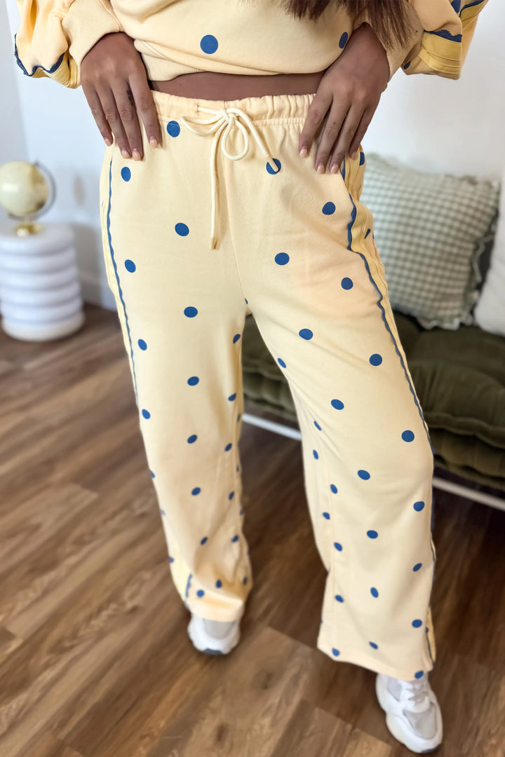 Yellow Polka Dot Long Sleeve Top Patchwork Detail Loose Pant Set