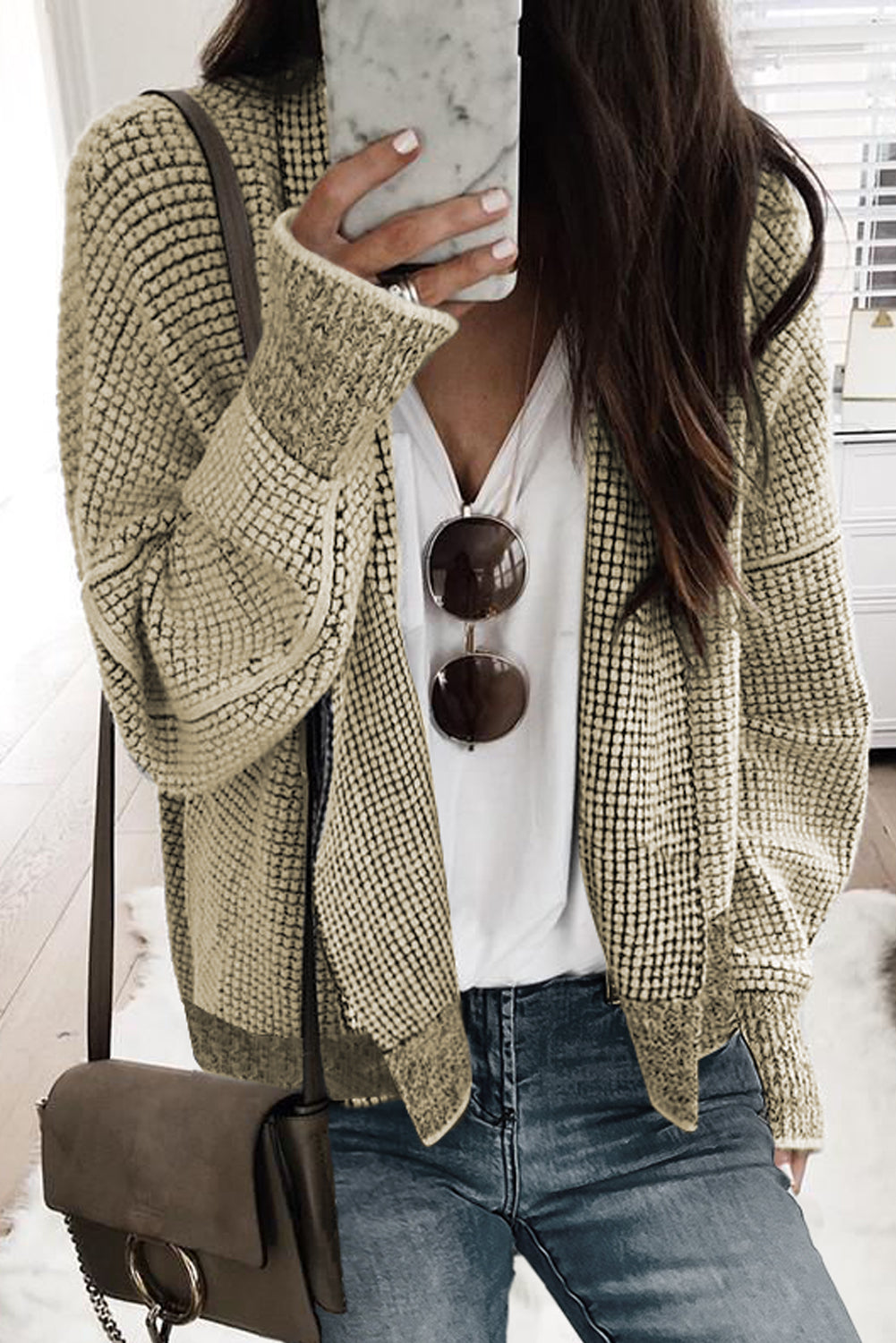 Grey Plaid Contrast Trim Open Front Cardigan