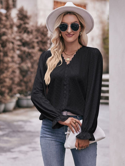 Mandy Eyelet V-Neck Flounce Sleeve Blouse