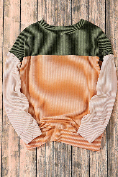 Green Color Block Long Sleeve Ribbed Loose Top