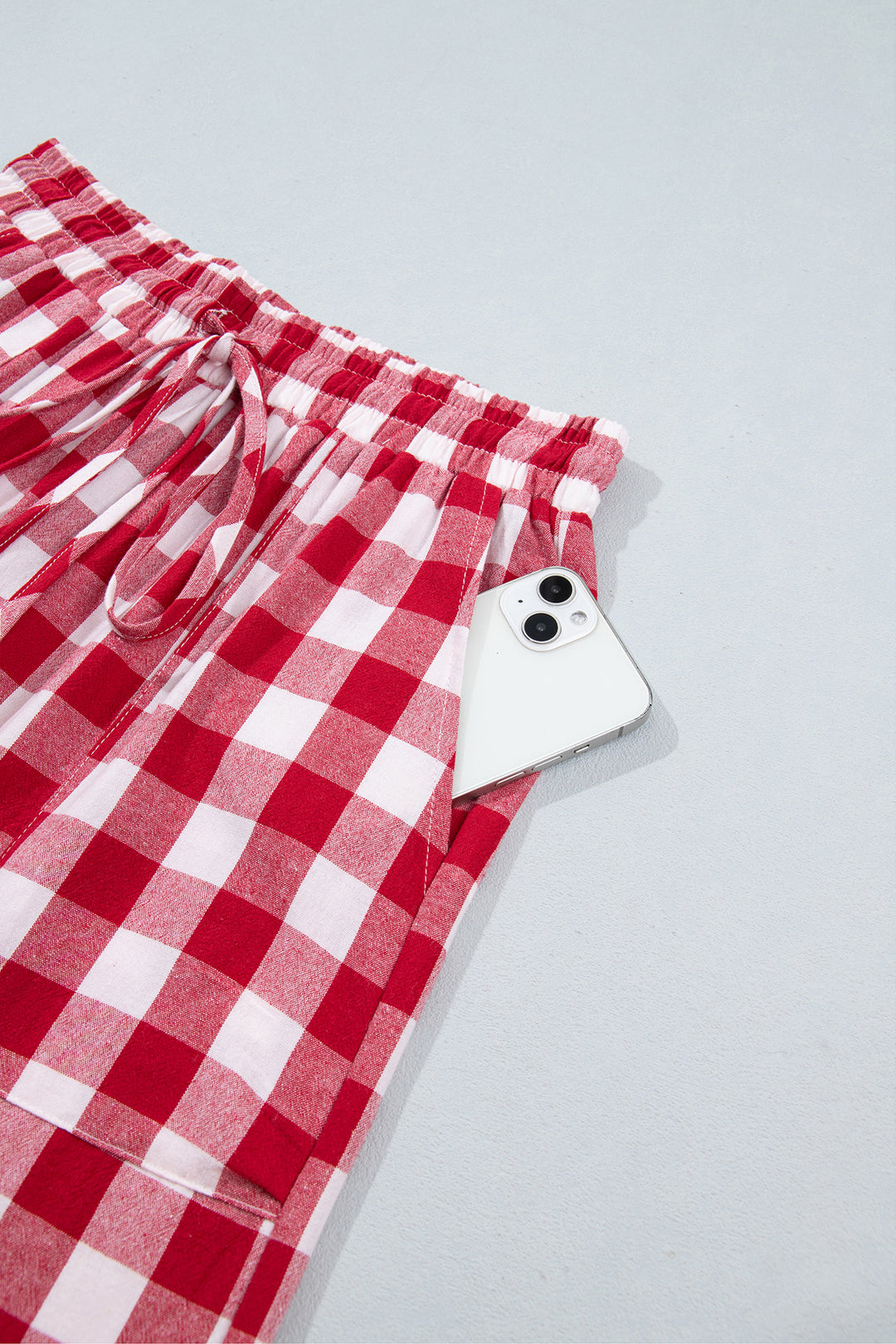 Red Gingham Plaid Tie Elastic Waist Shift Pants