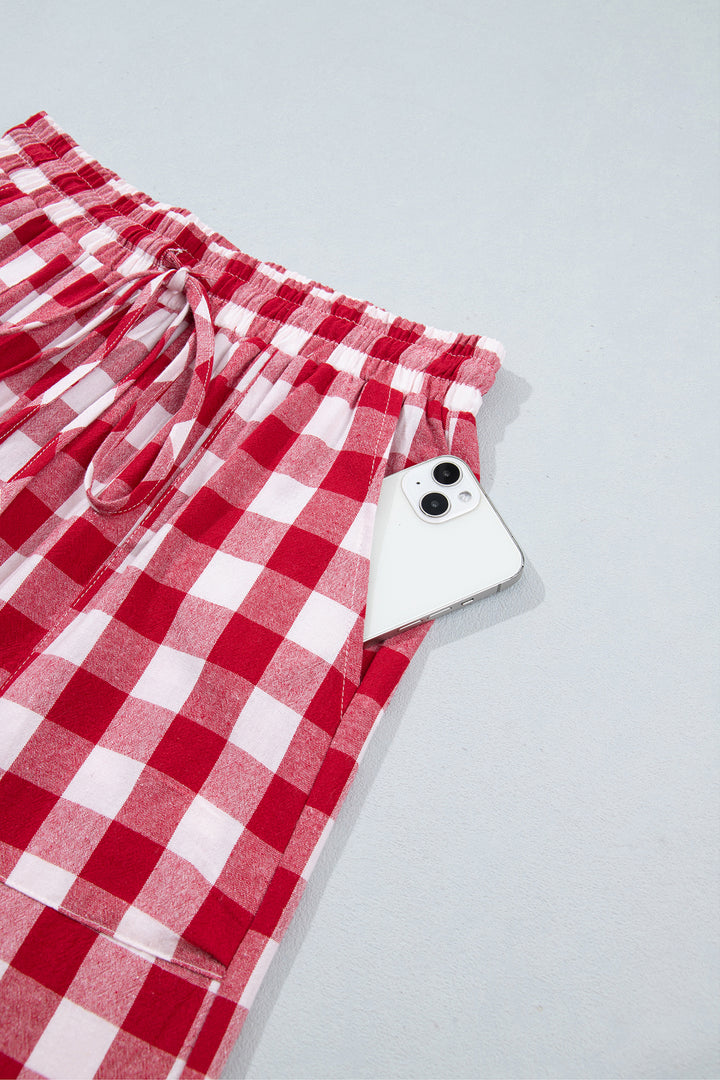 Red Gingham Plaid Tie Elastic Waist Shift Pants