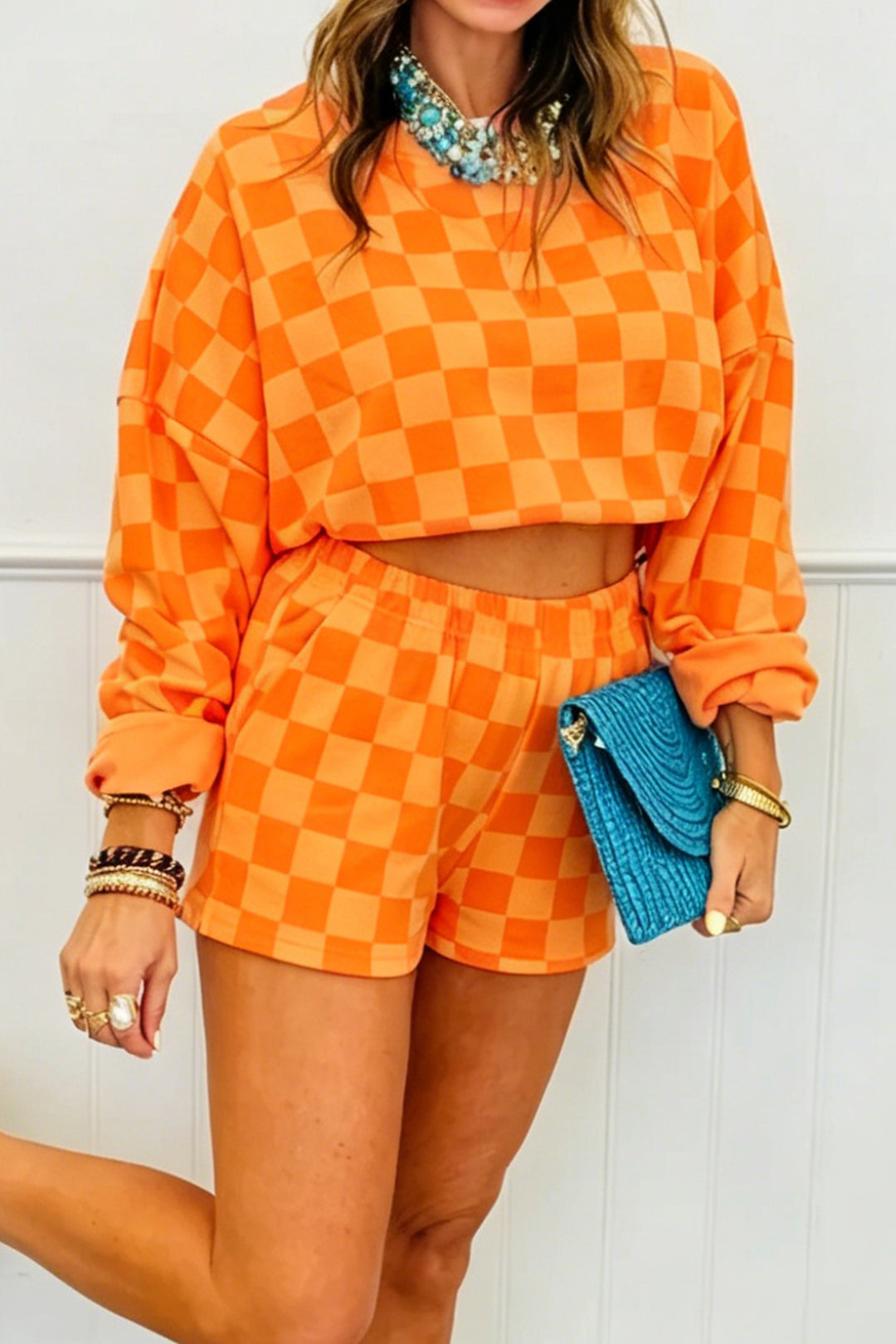 Dark Blue Plaid Checkered Long Sleeve Crop Top Elastic Waist Shorts Two Piece Set