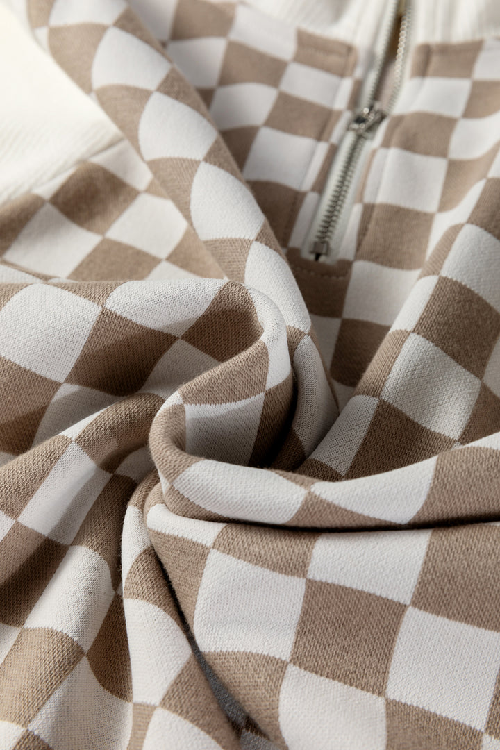 Khaki Checkered Print Quarter Zip Ribbed Patchwork Loose Sweatshirt