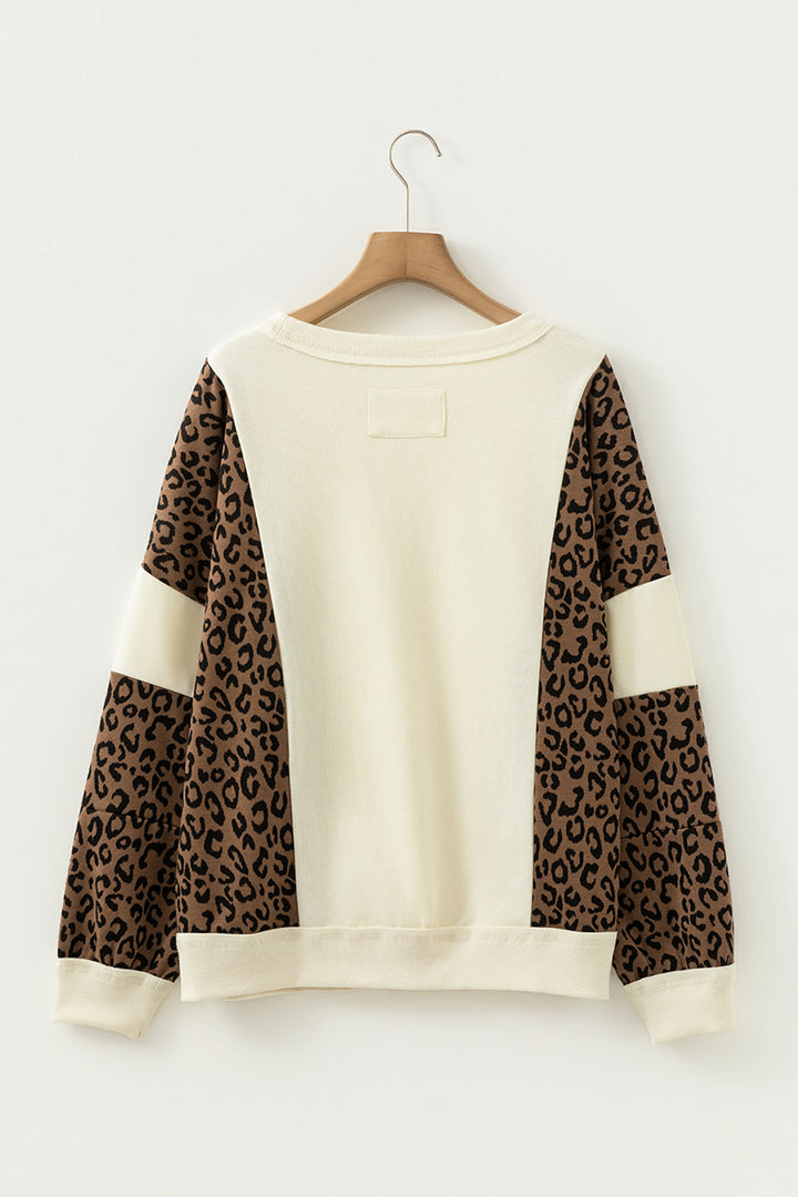 Beige Raw Seam Color Block Leopard Patchwork Baggy Long Sleeve Top