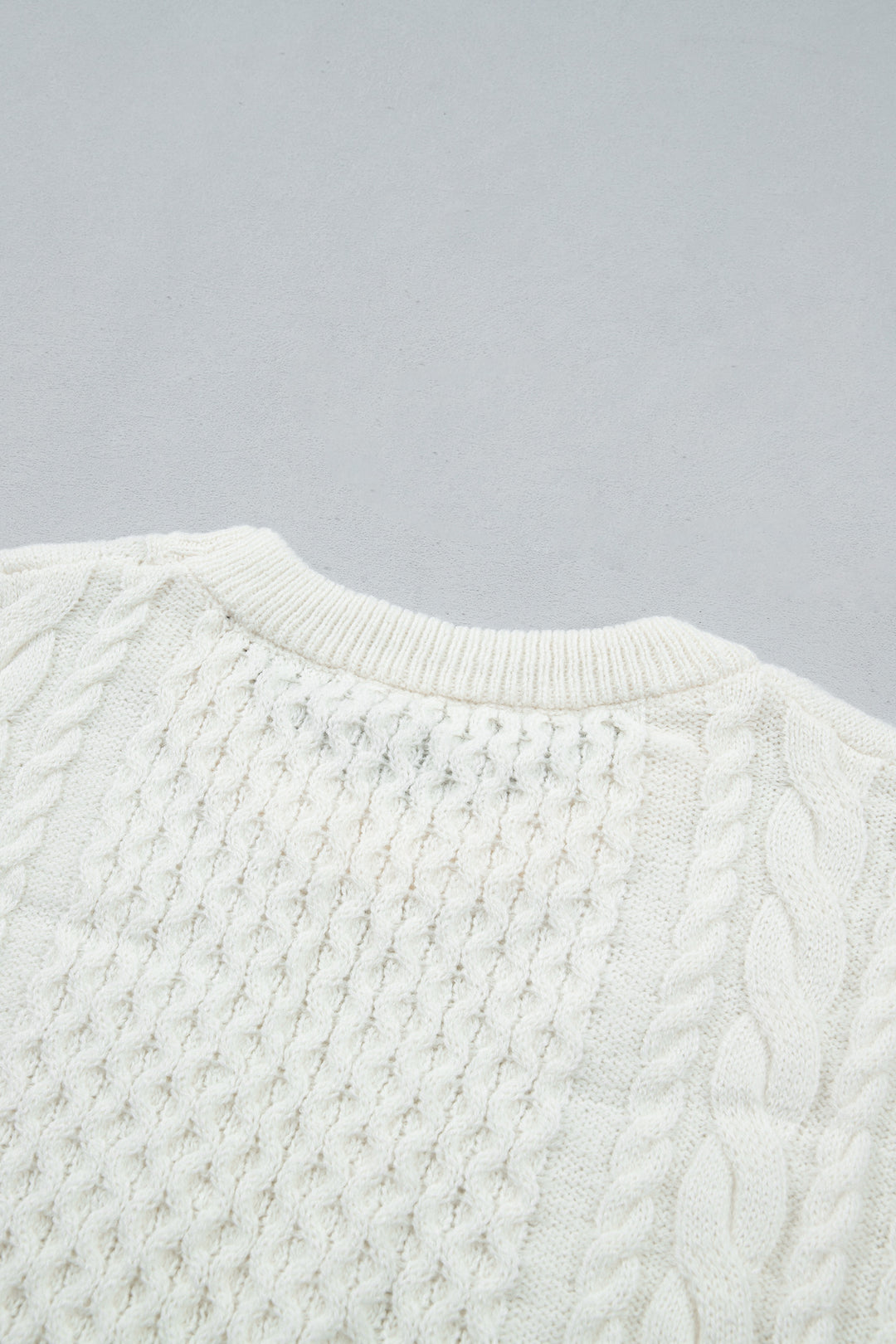 Beige Solid Color Cable Detail Knit Loose Round Neck Sweater