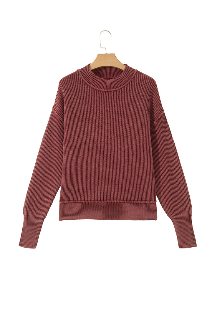 Red Dahlia Drop Shoulder High Neck Ribbed Sweater