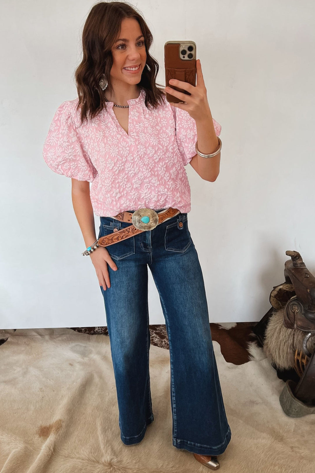 Iceland Blue Floral Textured Jacquard Puff Sleeve Blouse