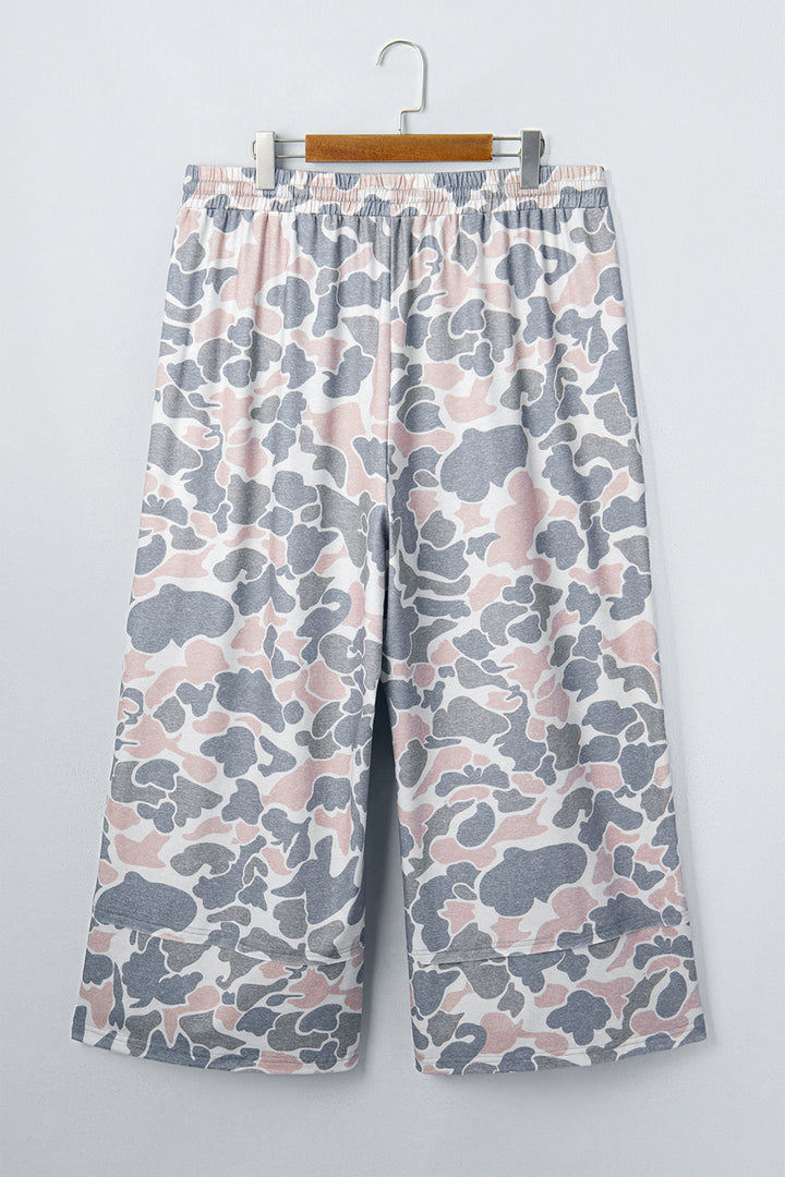 Khaki Camouflage Print Patch Pockets Ankle-Length Plus Size Pants