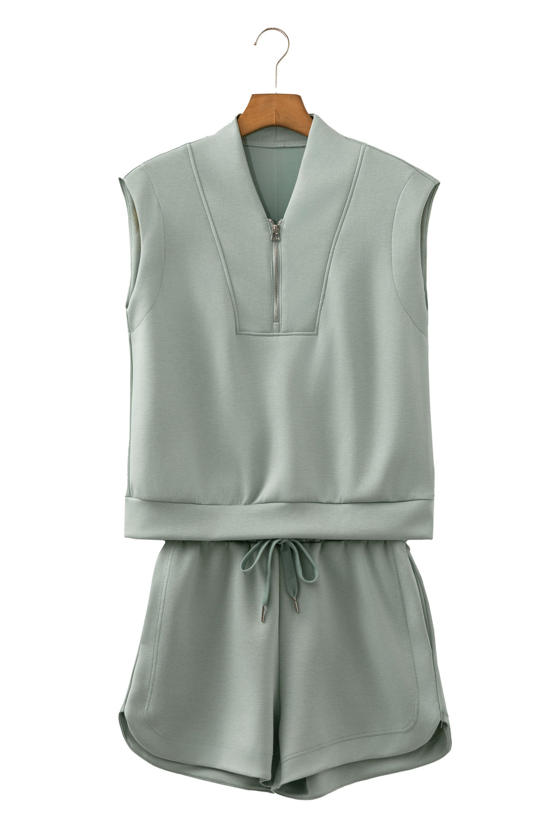 Oatmeal Quarter Zip Sleeveless Top Drawstring Shorts Casual 2pcs Outfit