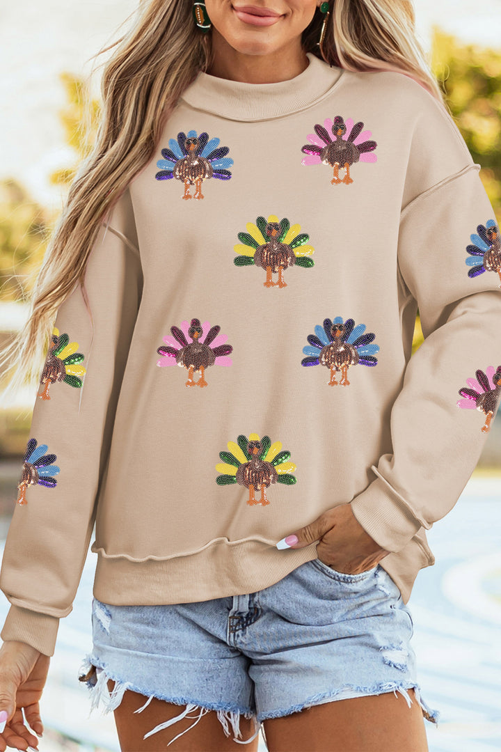 Apricot Sequined Turkey Exposed Seam Thanksgiving Graphic Sweatshirt