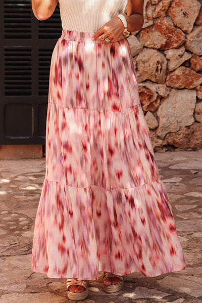 Pink Abstract Watercolor Tie Dye Tiered Maxi Skirt