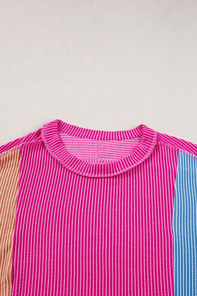 Rose Red Textured Colorblock Crew Neck T Shirt