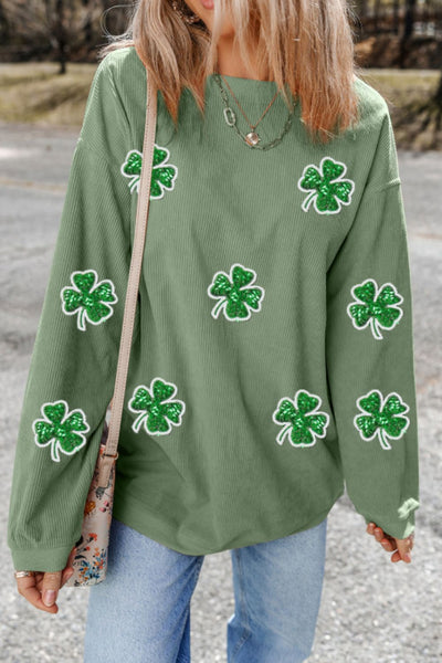 Sequin Lucky Clover Round Neck Long Sleeve Sweatshirt