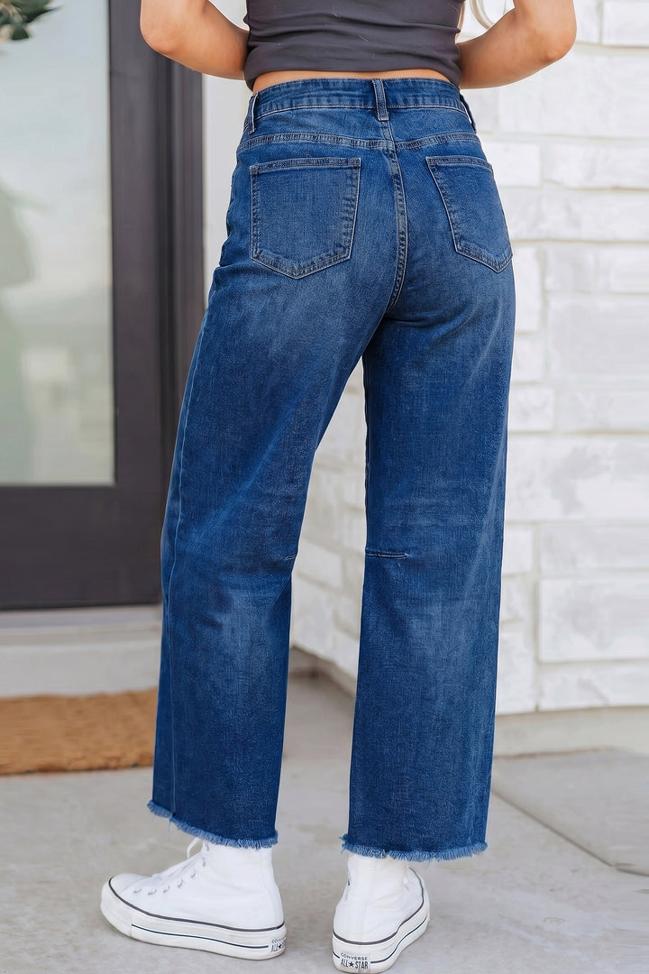 Sail Blue Frayed Cropped Straight Jeans