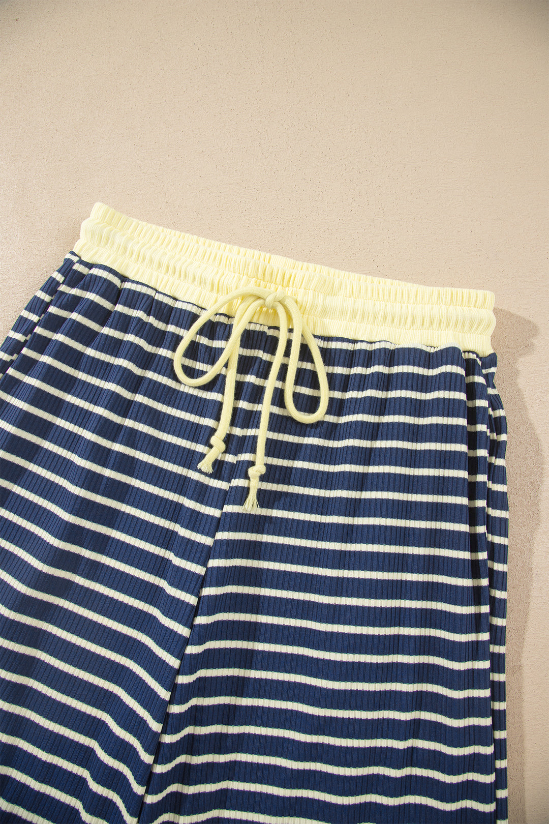 Blue Stripe Color Block Patchwork Zip V Neck Pullover Loose Pants 2pcs Set
