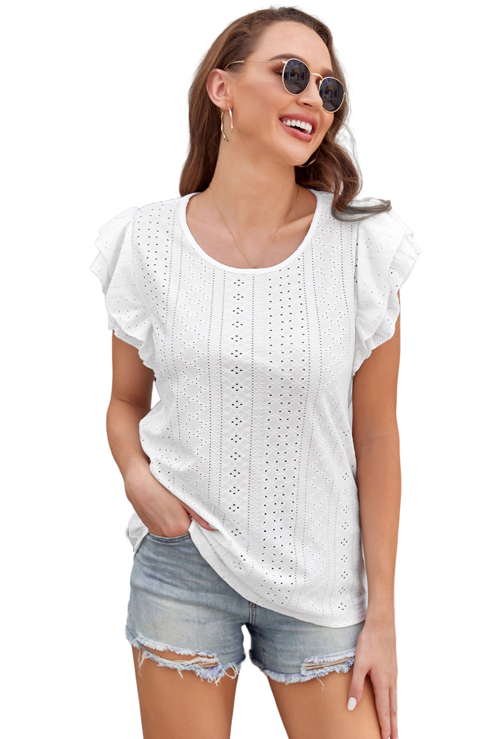 White Rhombus Textured Ruffle Short Sleeve Blouse