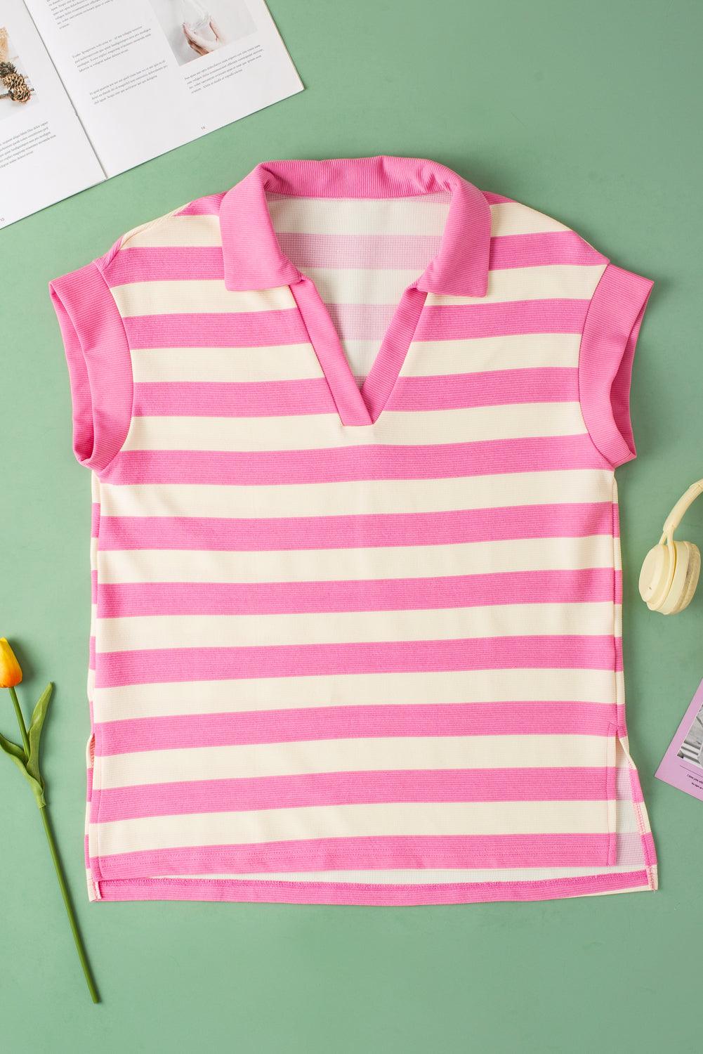 Pink Stripe V Neck Collared Cap Sleeve Top