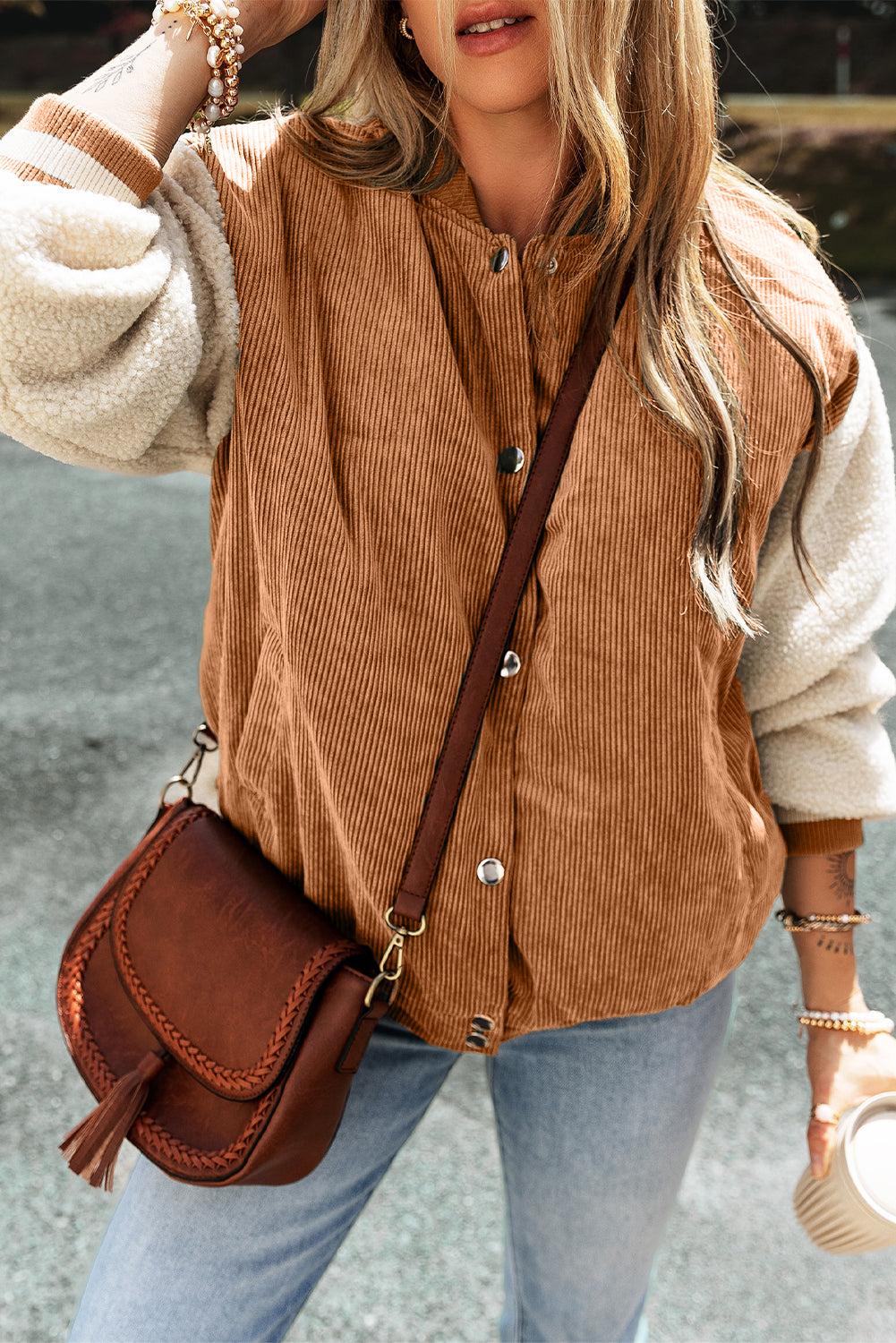 Mist Green Corduroy Fleece Patchwork Buttoned Bomber Jacket