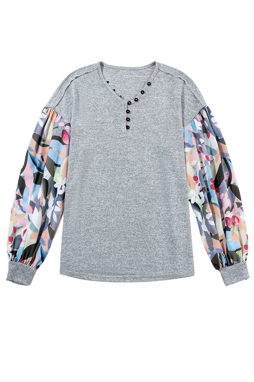 Gray Floral Lantern Sleeve Patchwork Buttoned V Neck Top