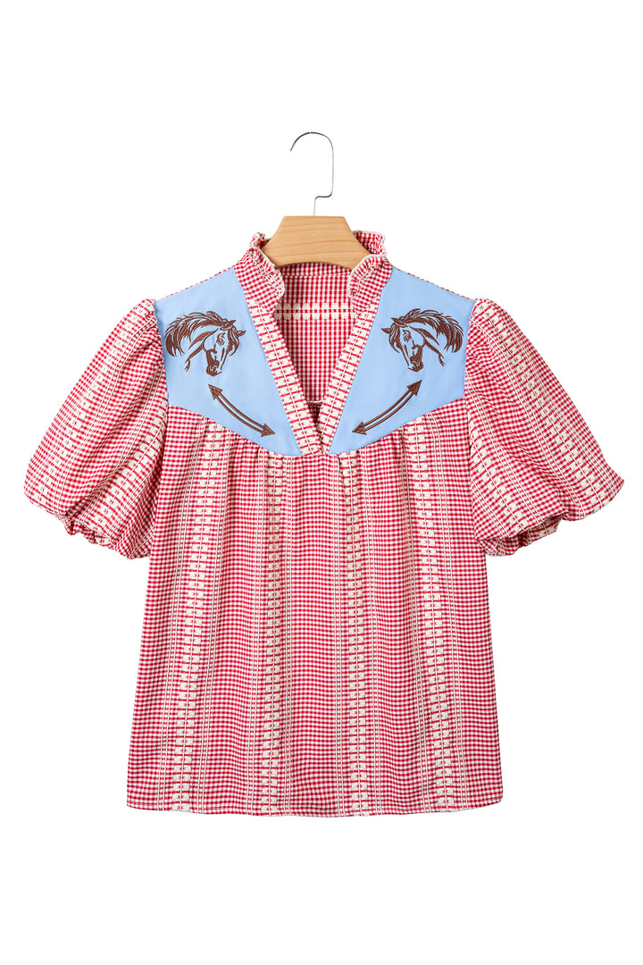 Red Western Pony Embroidered Yoke Puff Sleeve Gingham Blouse