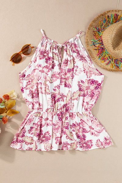 Pitaya Pink Hollowed Halterneck Floral Peplum Tank Top