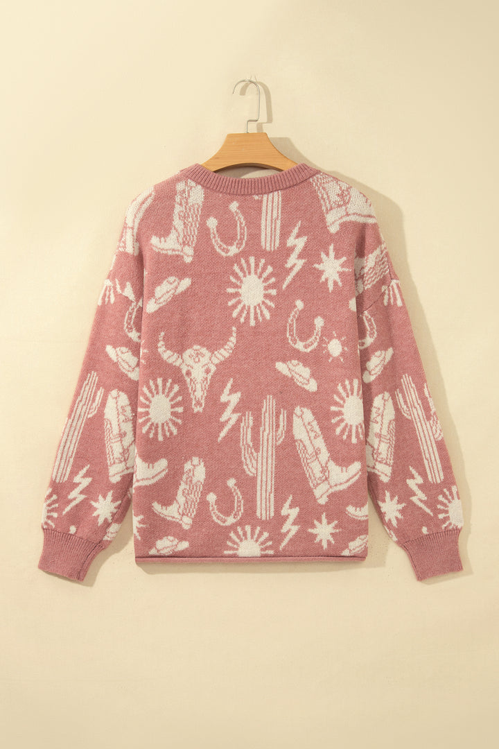 Peach Blossom Western Print Drop Shoulder Round Neck Long Sleeve Sweater