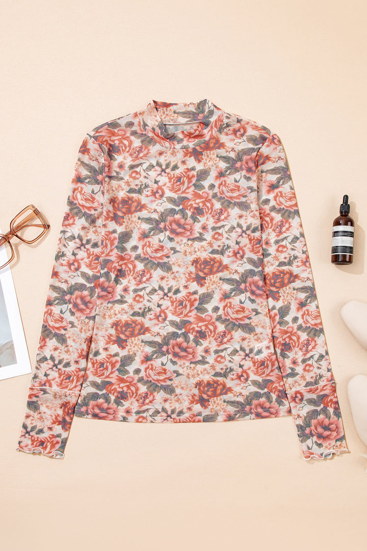 Black Retro Floral Print Mesh Long Sleeve Top