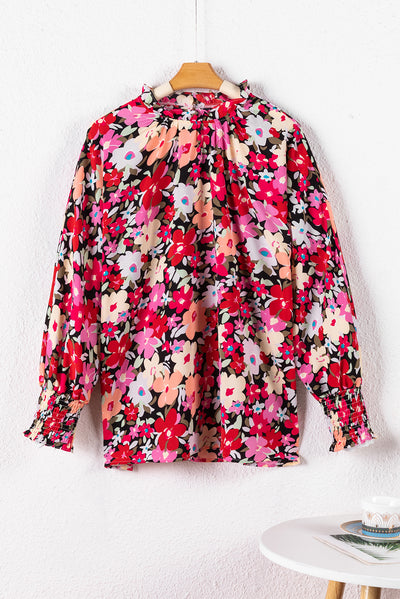 Rose Printed Frilled Neck Shirred Bracelet Sleeve Floral Blouse