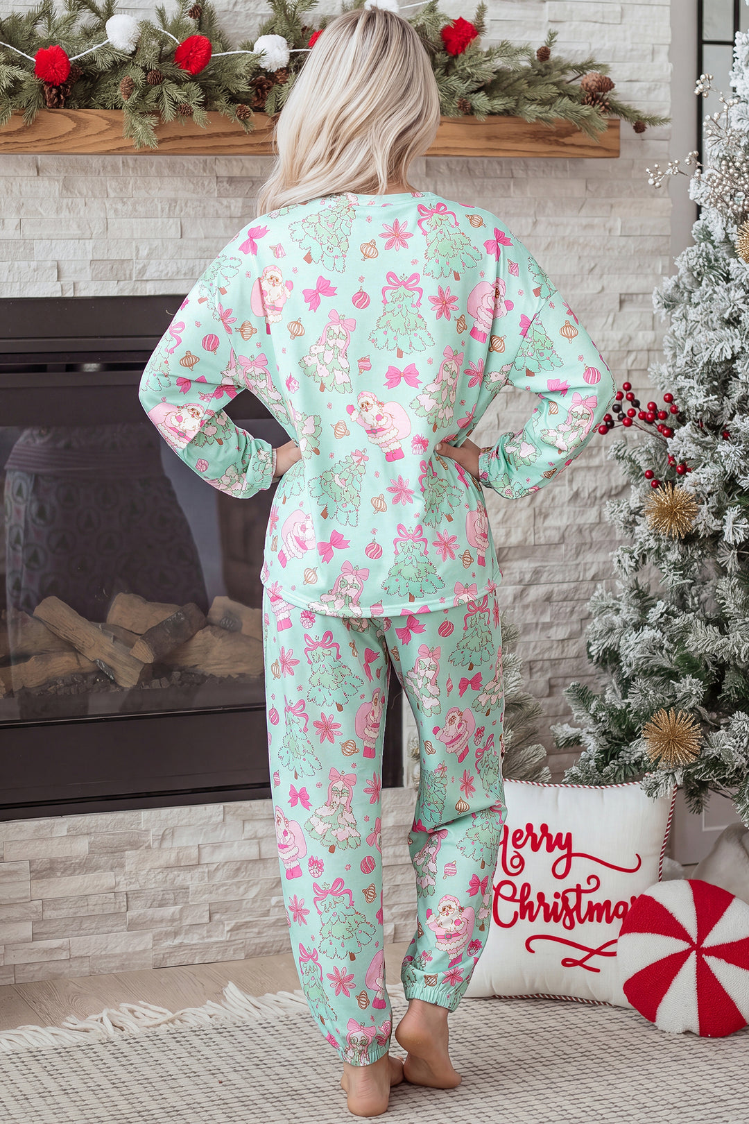 Green Abstract Print Long Sleeve Two Piece Lounge Set