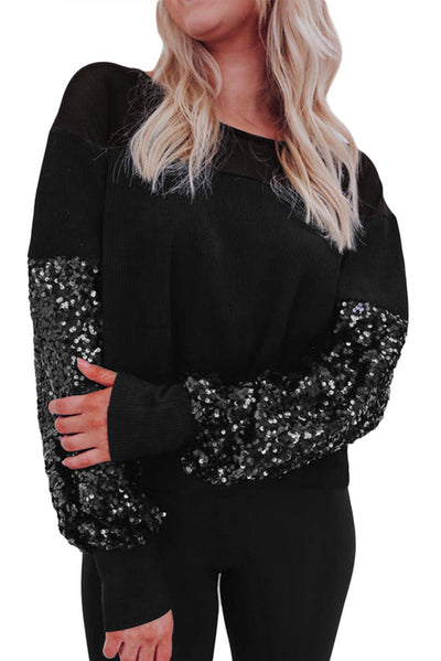 Black Sequin Patchwork Lantern Sleeve Blouse