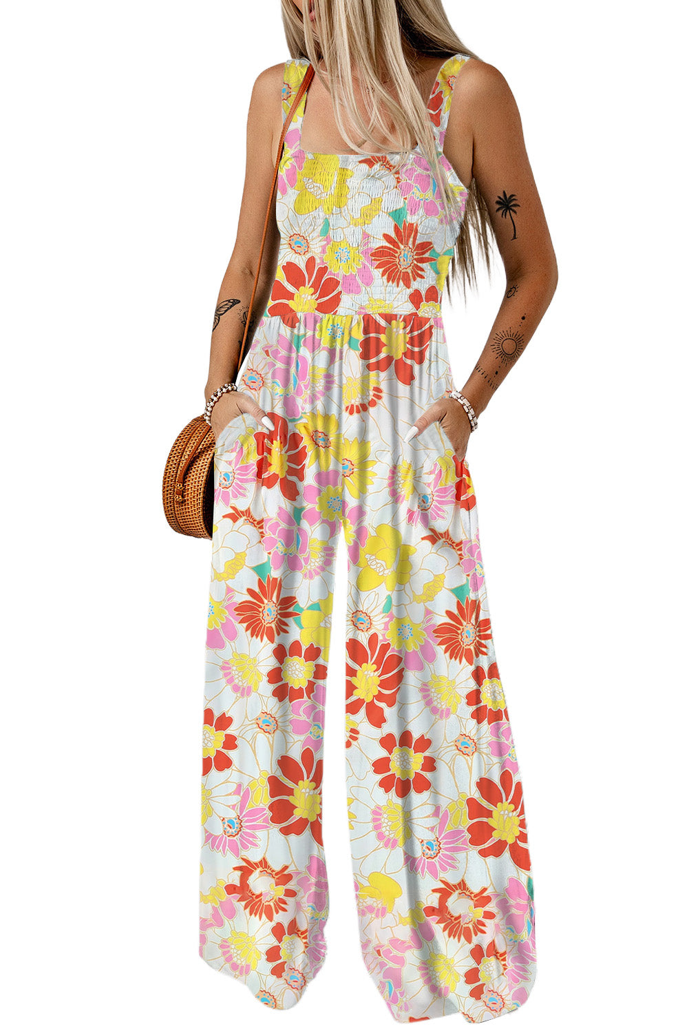 Multicolor Floral Print Shirred Sleeveless Wide Leg Jumpsuit