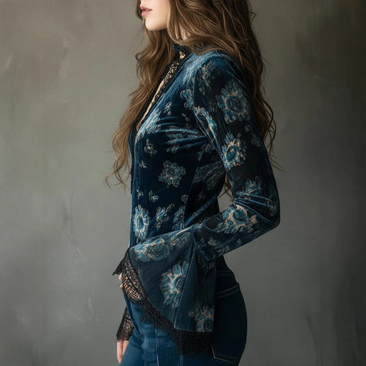 Women’s Retro Lace Panel V-Neck Blouse – Elegant Print Bell Sleeve Top for Spring &amp; Autumn Wear