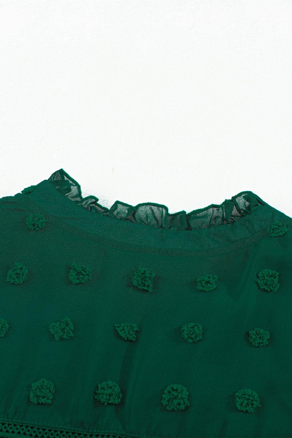 Green Ruffled Split Neck Lace Hollow Out Puff Sleeve Polka Dot Blouse