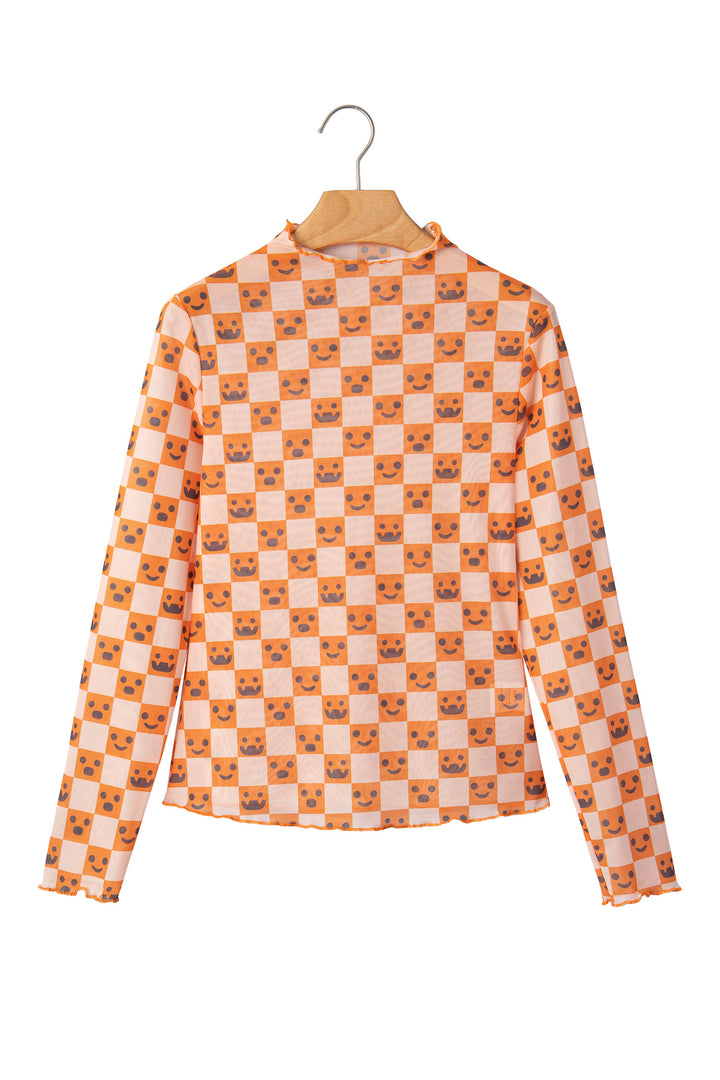 Orange Abstract Halloween Pattern Long Sleeve Stand Neck Shift Blouse