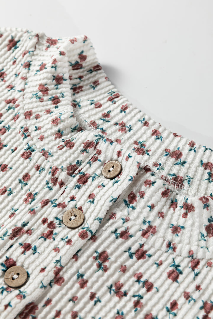 White Spiral Ribbed Floral Print Long Sleeve Henley Top Drawstring Short Set