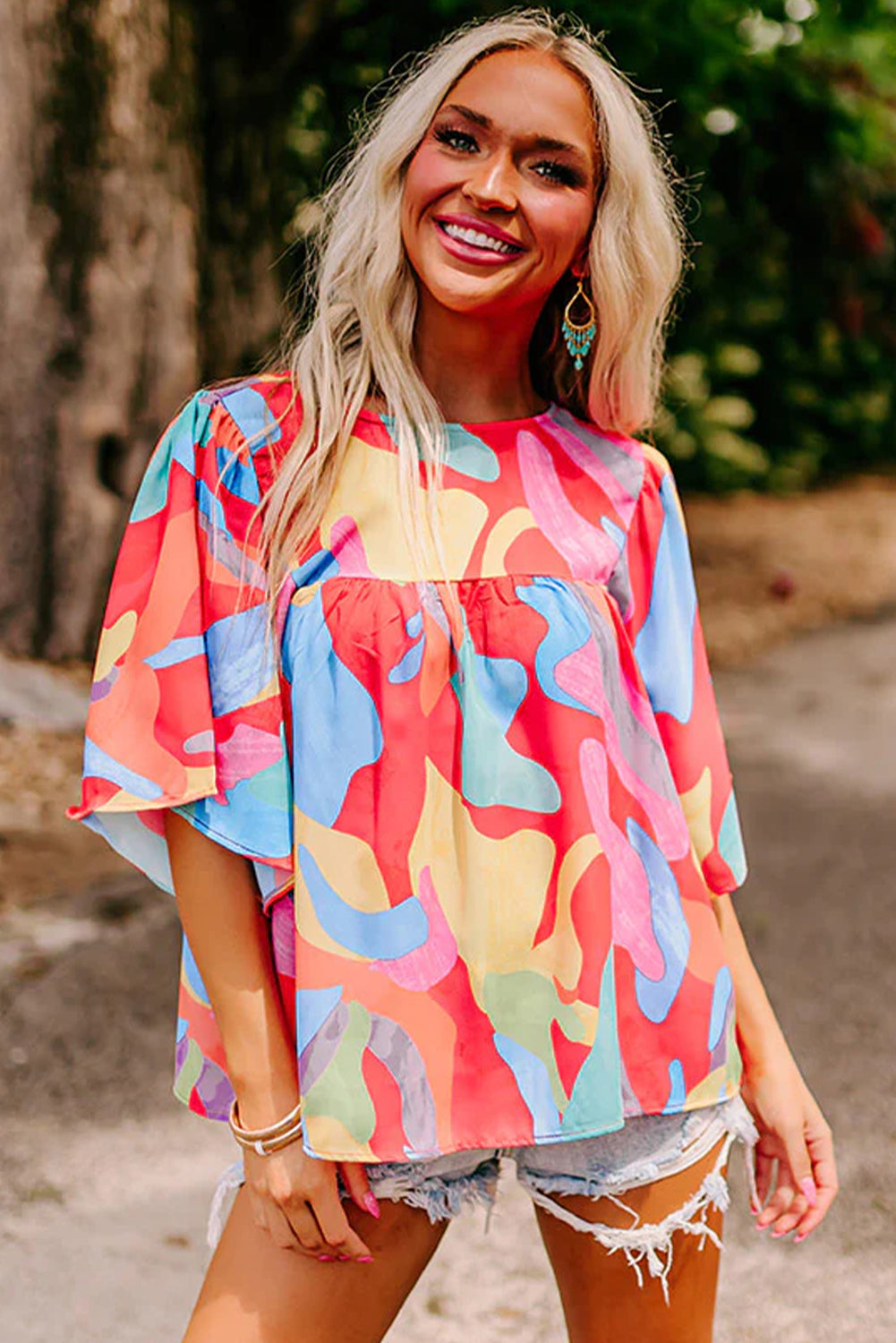 Multicolour Abstract Pattern Wide Sleeve Crew Neck Blouse